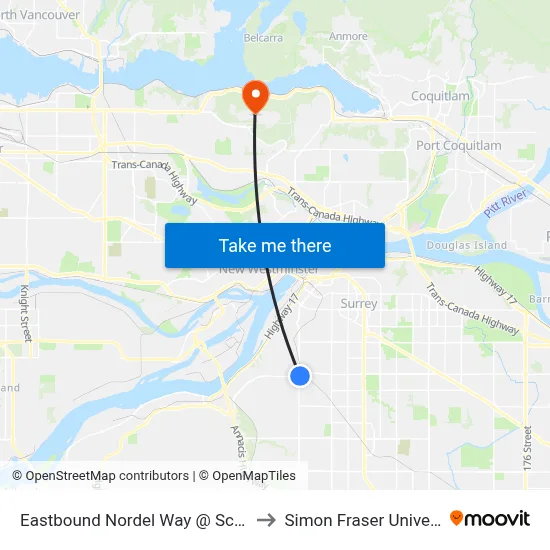 Eastbound Nordel Way @ Scott Rd to Simon Fraser University map
