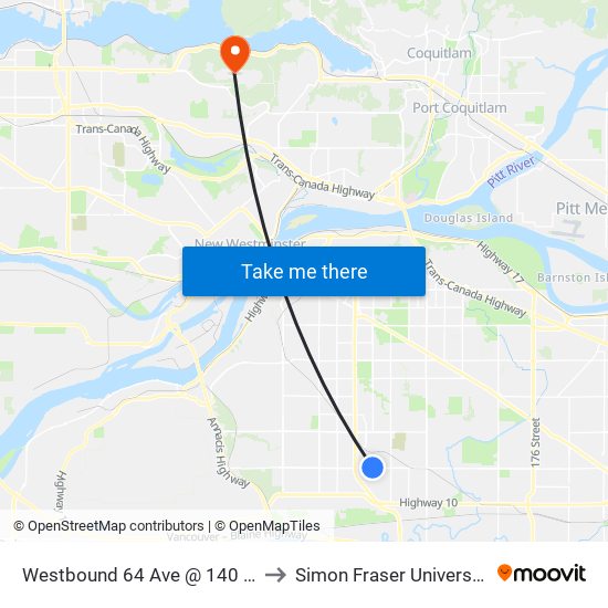 Westbound 64 Ave @ 140 St to Simon Fraser University map