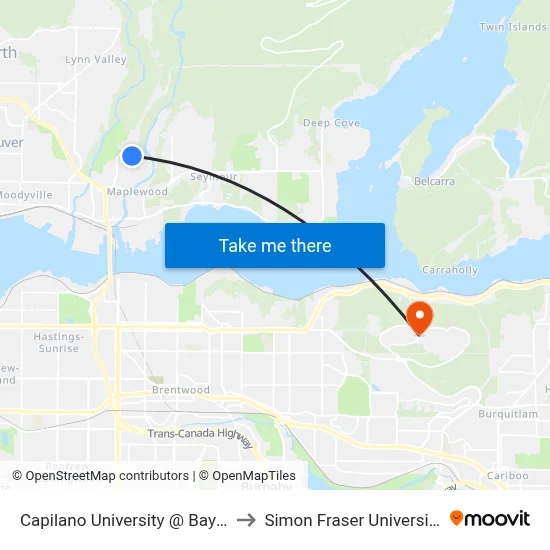 Capilano University @ Bay 2 to Simon Fraser University map