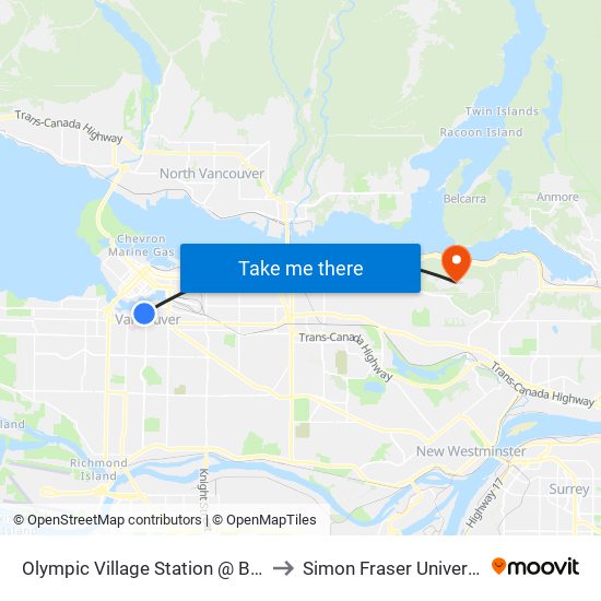 Olympic Village Station @ Bay 1 to Simon Fraser University map
