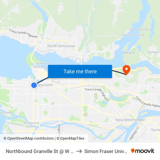 Northbound Granville St @ W 10 Ave to Simon Fraser University map