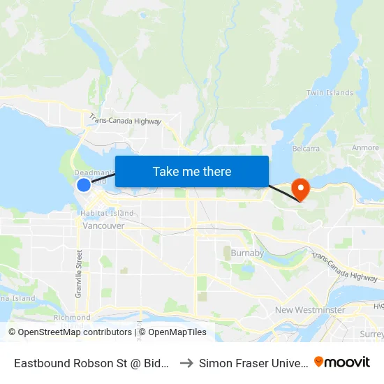 Eastbound Robson St @ Bidwell St to Simon Fraser University map