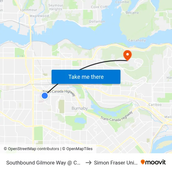 Southbound Gilmore Way @ Canada Way to Simon Fraser University map