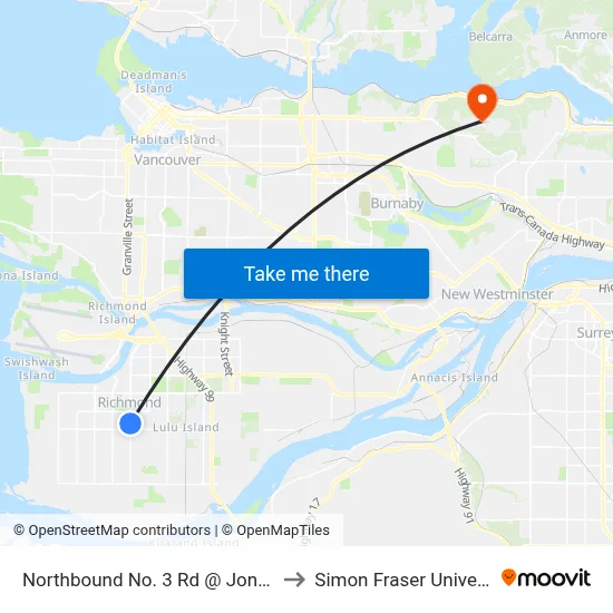 Northbound No. 3 Rd @ Jones Rd to Simon Fraser University map