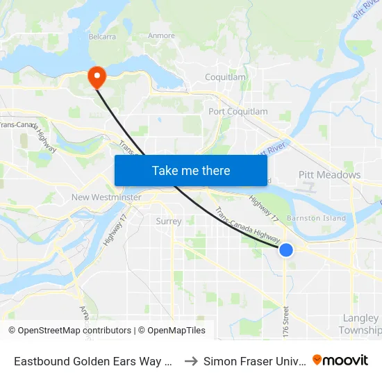 Eastbound Golden Ears Way @ 176 St to Simon Fraser University map