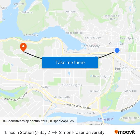 Lincoln Station @ Bay 2 to Simon Fraser University map