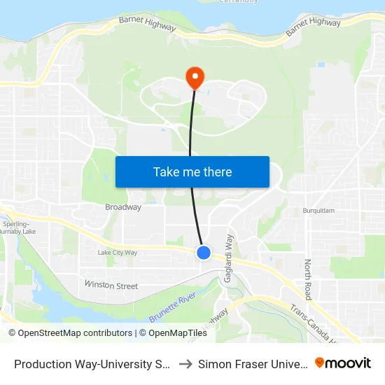 Production Way-University Station to Simon Fraser University map