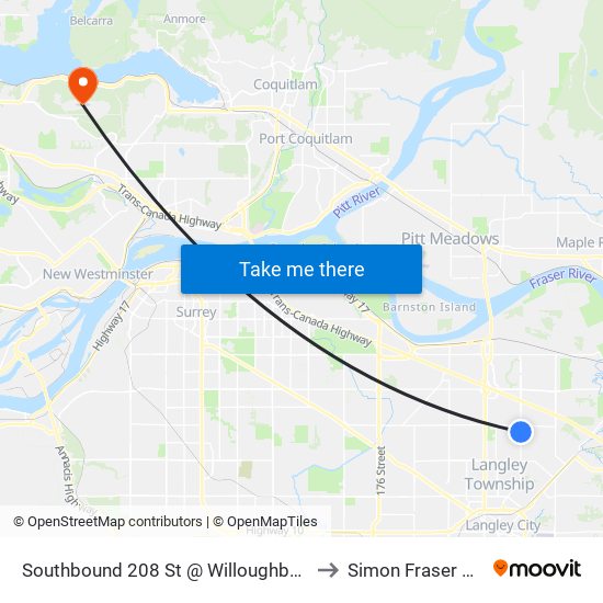 Southbound 208 St @ Willoughby Town Centre Dr to Simon Fraser University map