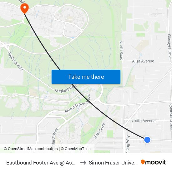 Eastbound Foster Ave @ Aspen St to Simon Fraser University map