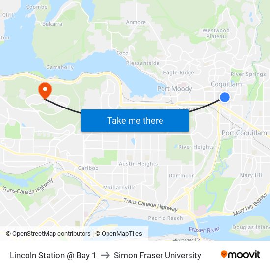 Lincoln Station @ Bay 1 to Simon Fraser University map