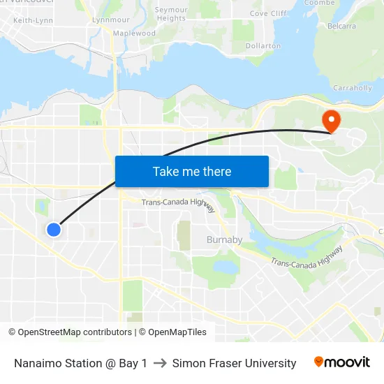 Nanaimo Station @ Bay 1 to Simon Fraser University map