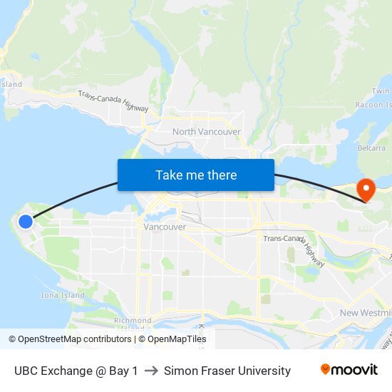 UBC Exchange @ Bay 1 to Simon Fraser University map