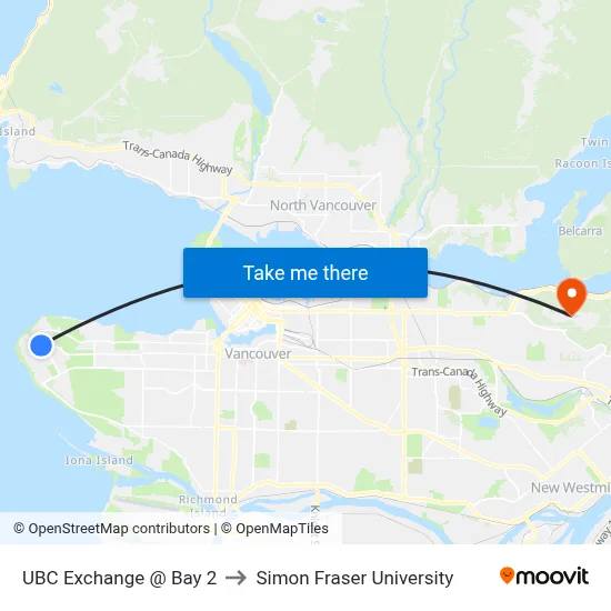 UBC Exchange @ Bay 2 to Simon Fraser University map