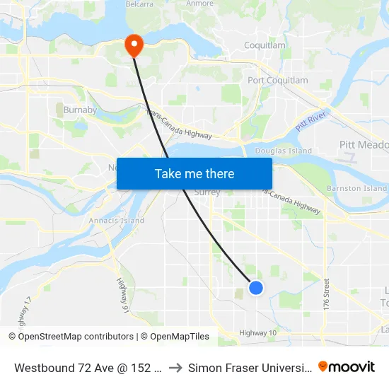 Westbound 72 Ave @ 152 St to Simon Fraser University map