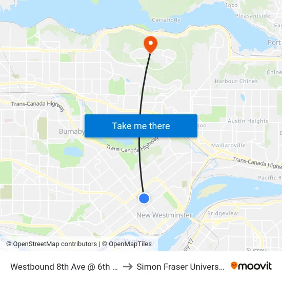 Westbound 8th Ave @ 6th St to Simon Fraser University map