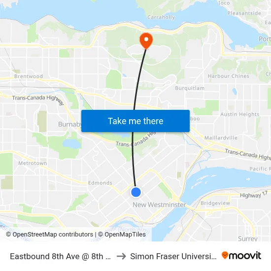 Eastbound 8th Ave @ 8th St to Simon Fraser University map