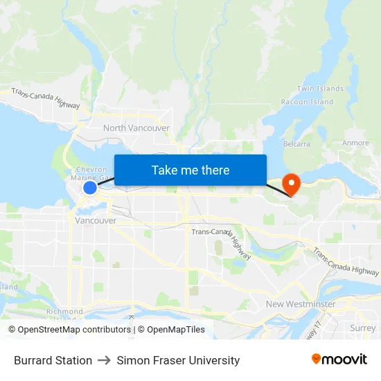 Burrard Station to Simon Fraser University map