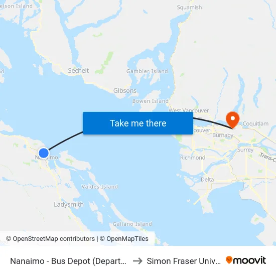 Nanaimo - Bus Depot (Departure Bay) to Simon Fraser University map