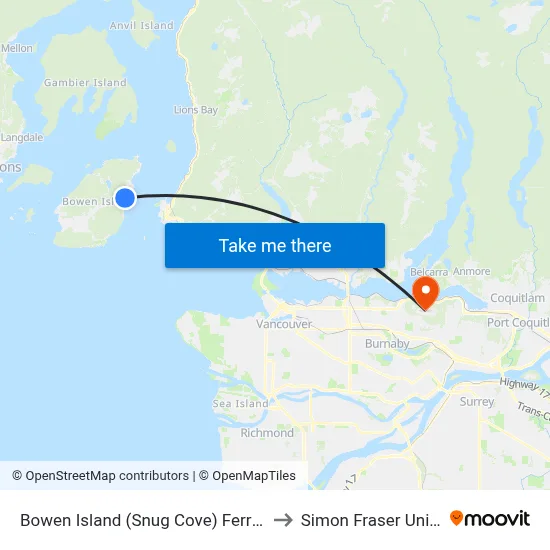 Bowen Island (Snug Cove) Ferry Terminal to Simon Fraser University map