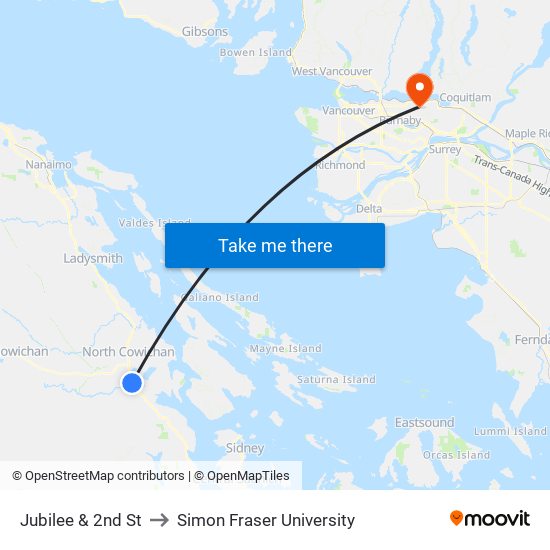 Jubilee & 2nd St to Simon Fraser University map