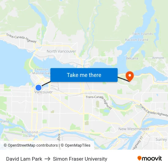 David Lam Park to Simon Fraser University map