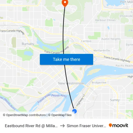 Eastbound River Rd @ Millar Rd to Simon Fraser University map