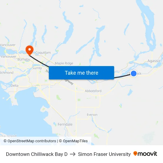 Downtown Chilliwack Bay D to Simon Fraser University map