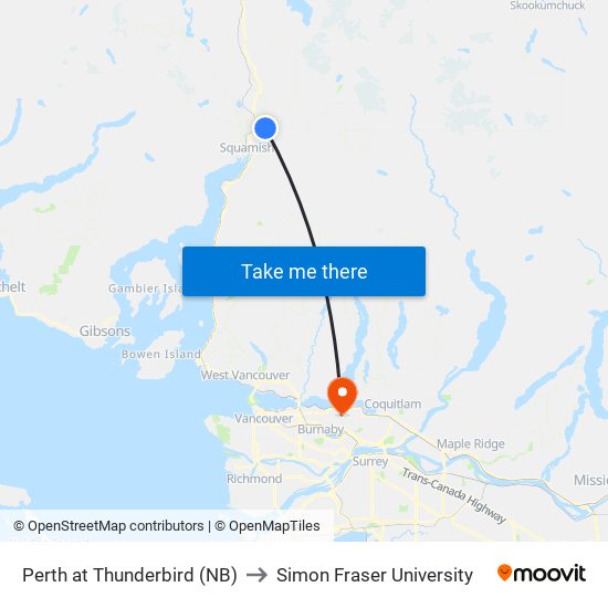 Perth at Thunderbird (NB) to Simon Fraser University map