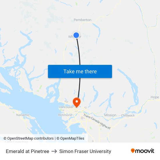 Emerald at Pinetree to Simon Fraser University map