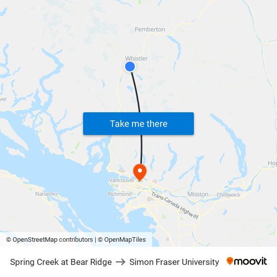 Spring Creek at Bear Ridge to Simon Fraser University map
