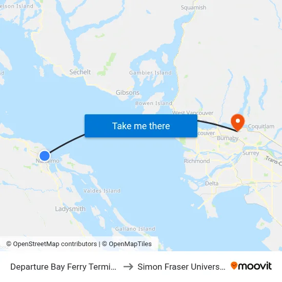 Departure Bay Ferry Terminal to Simon Fraser University map