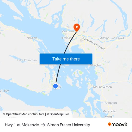 Hwy 1 at Mckenzie to Simon Fraser University map