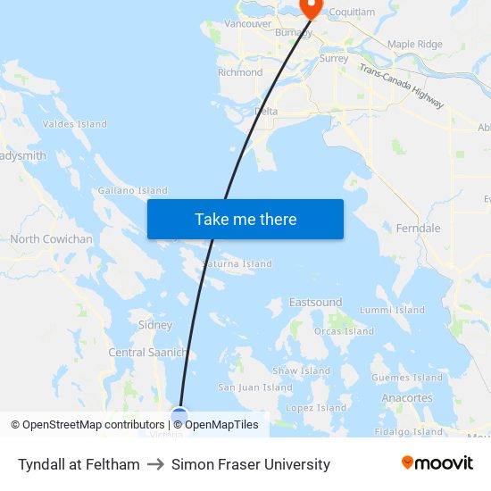 Tyndall at Feltham to Simon Fraser University map