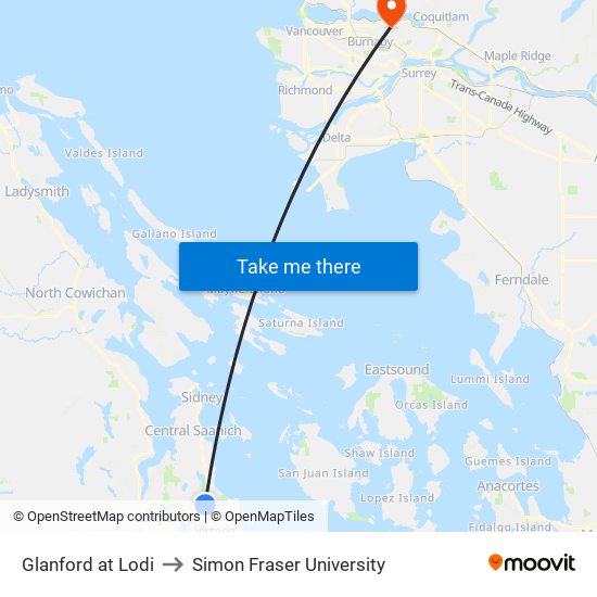 Glanford at Lodi to Simon Fraser University map