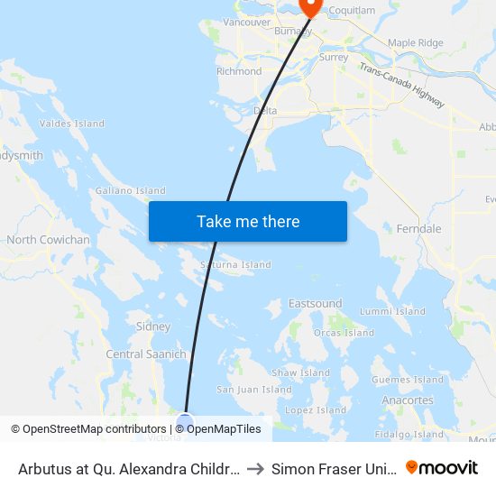 Arbutus at Qu. Alexandra Childrens Hosp. to Simon Fraser University map