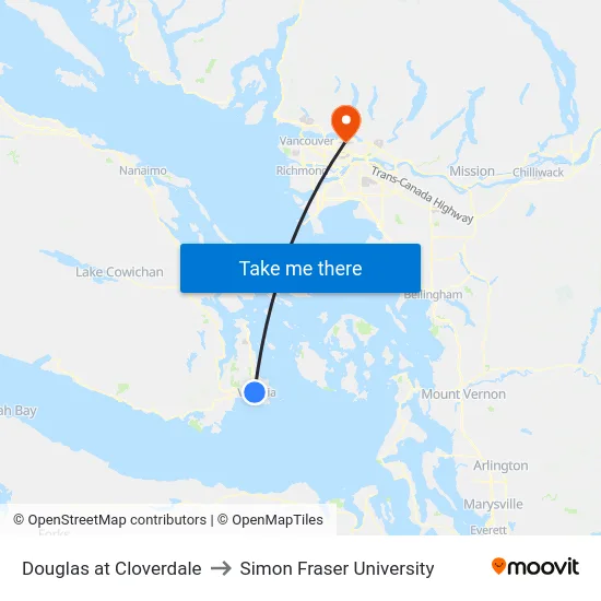 Douglas at Cloverdale to Simon Fraser University map