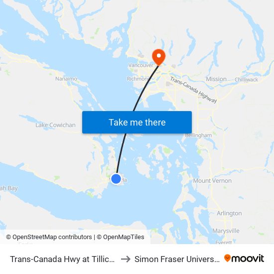 Trans-Canada Hwy at Tillicum to Simon Fraser University map