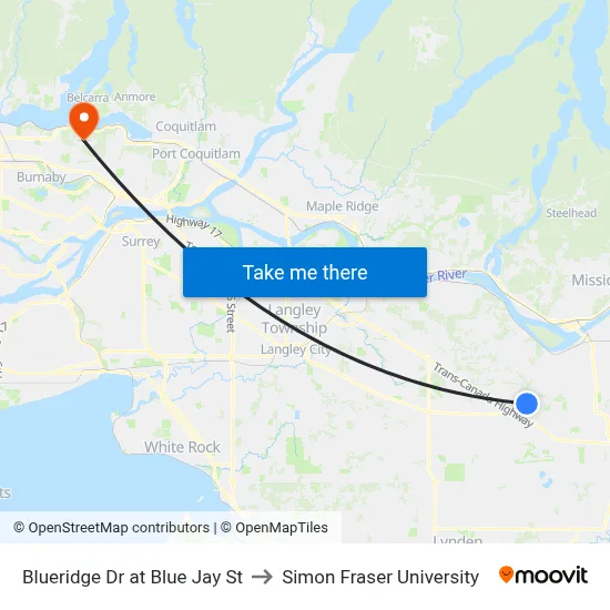 Blueridge Dr at Blue Jay St to Simon Fraser University map