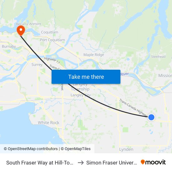 South Fraser Way at Hill-Tout St to Simon Fraser University map