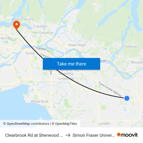 Clearbrook Rd at Sherwood Cres to Simon Fraser University map