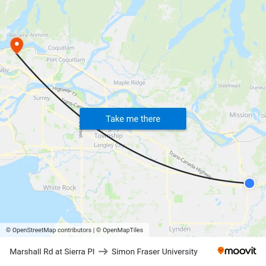 Marshall Rd at Sierra Pl to Simon Fraser University map
