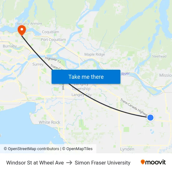 Windsor St at Wheel Ave to Simon Fraser University map