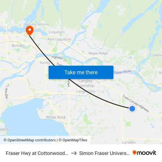 Fraser Hwy at Cottonwood St to Simon Fraser University map