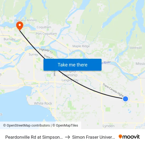 Peardonville Rd at Simpson Rd to Simon Fraser University map