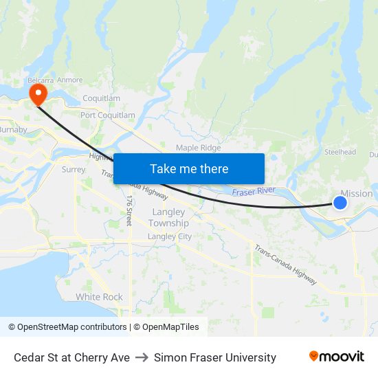 Cedar St at Cherry Ave to Simon Fraser University map