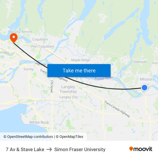 7 Av & Stave Lake to Simon Fraser University map