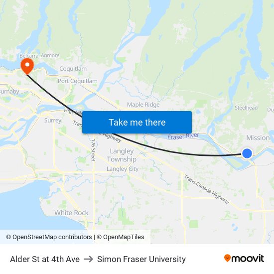 Alder St at 4th Ave to Simon Fraser University map