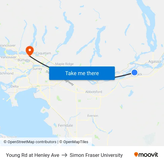 Young Rd at Henley Ave to Simon Fraser University map