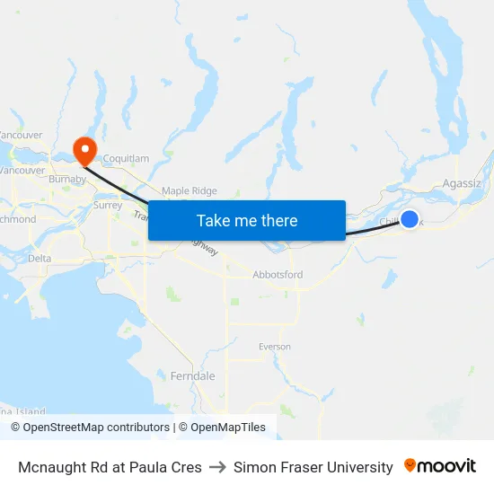 Mcnaught Rd at Paula Cres to Simon Fraser University map