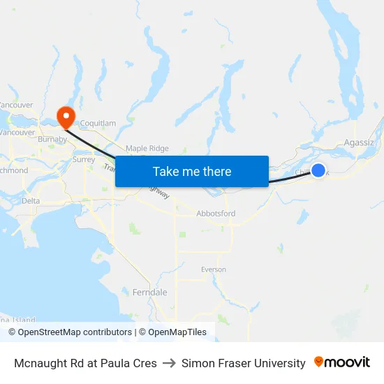 Mcnaught Rd at Paula Cres to Simon Fraser University map